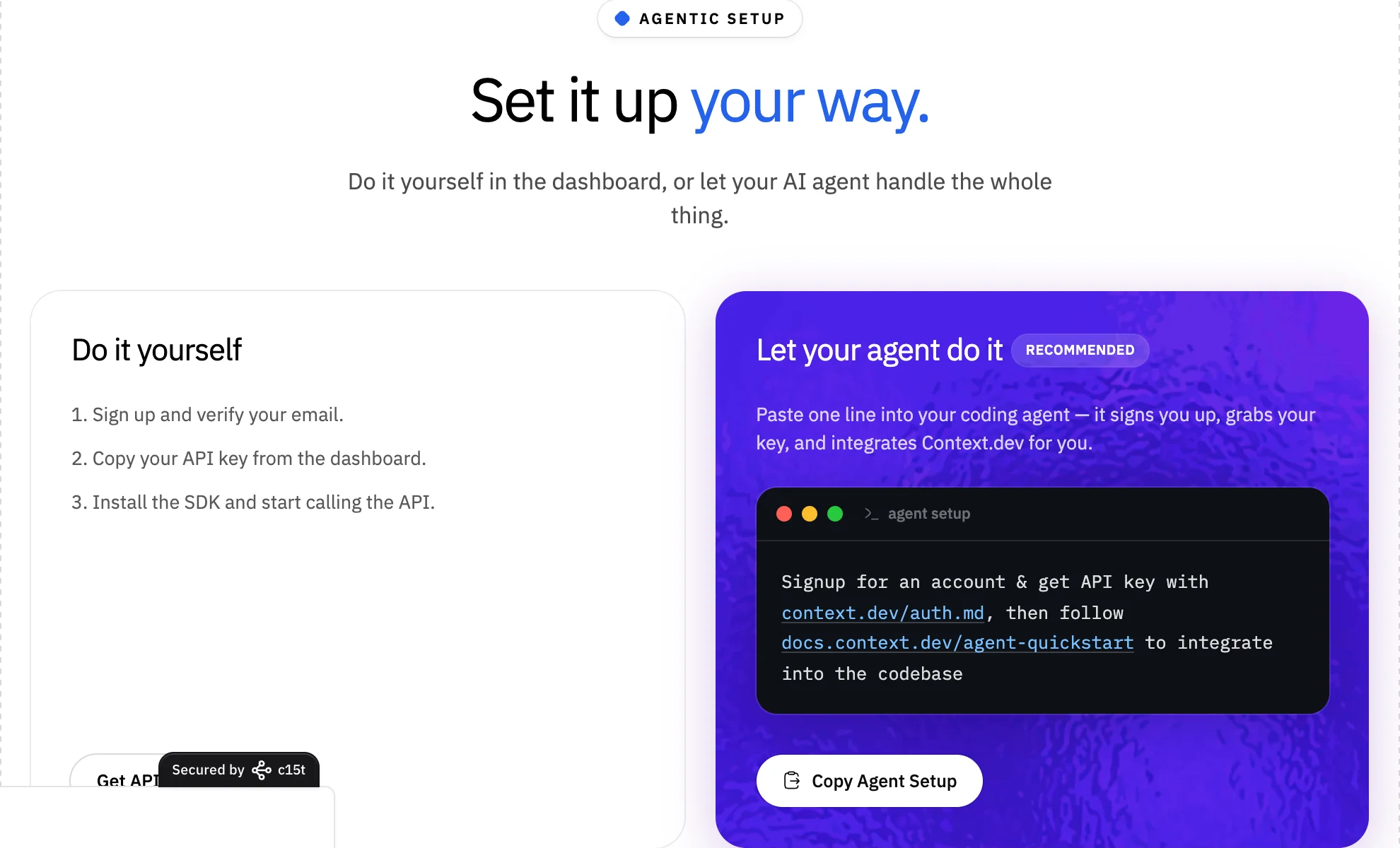 Context.dev Agentic Setup section showing dashboard and AI agent integration options