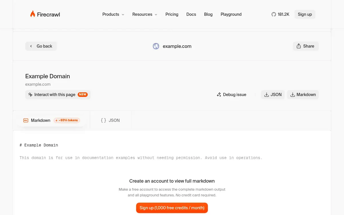 Firecrawl Playground scrape converting example.com into clean markdown output