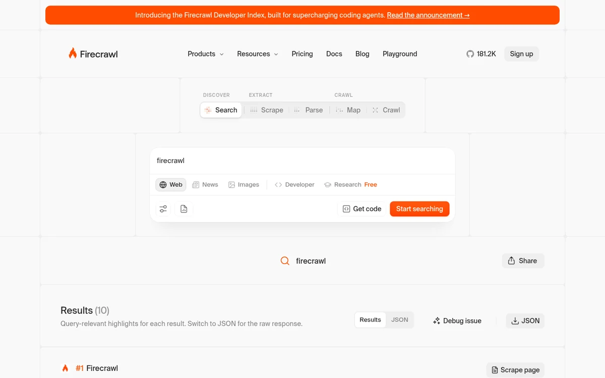 Firecrawl Playground web search showing query results for firecrawl