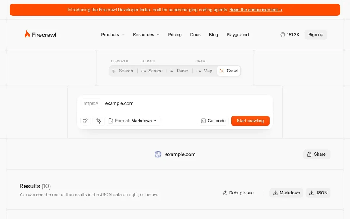 Firecrawl Playground crawl extracting multiple pages from example.com into markdown