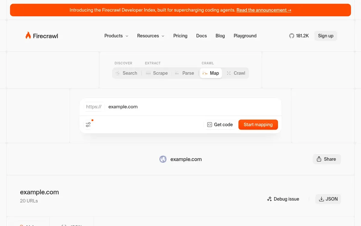 Firecrawl Playground map discovering all accessible URLs on example.com