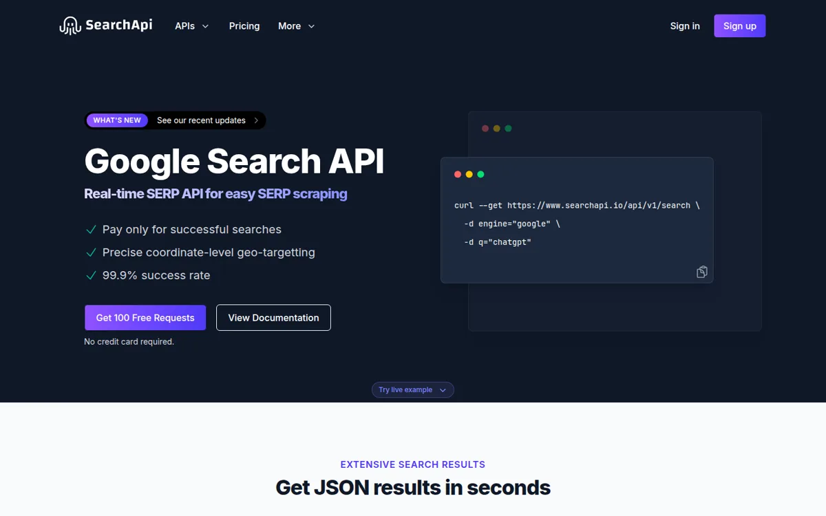 SearchApi homepage hero for the Google Search API, with a curl example and a 100 free request signup