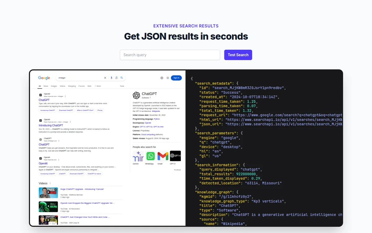 SearchApi homepage playground showing a Google results page beside the JSON response