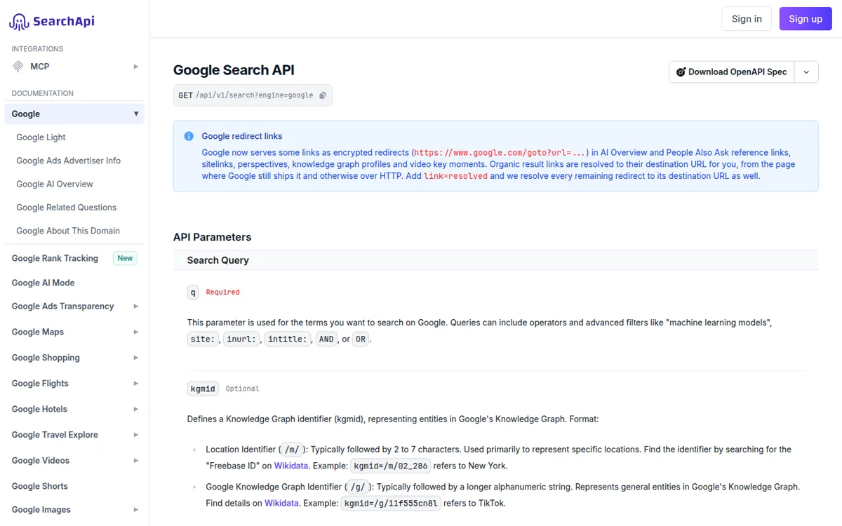SearchApi Google Search API docs with the parameter reference and engine sidebar