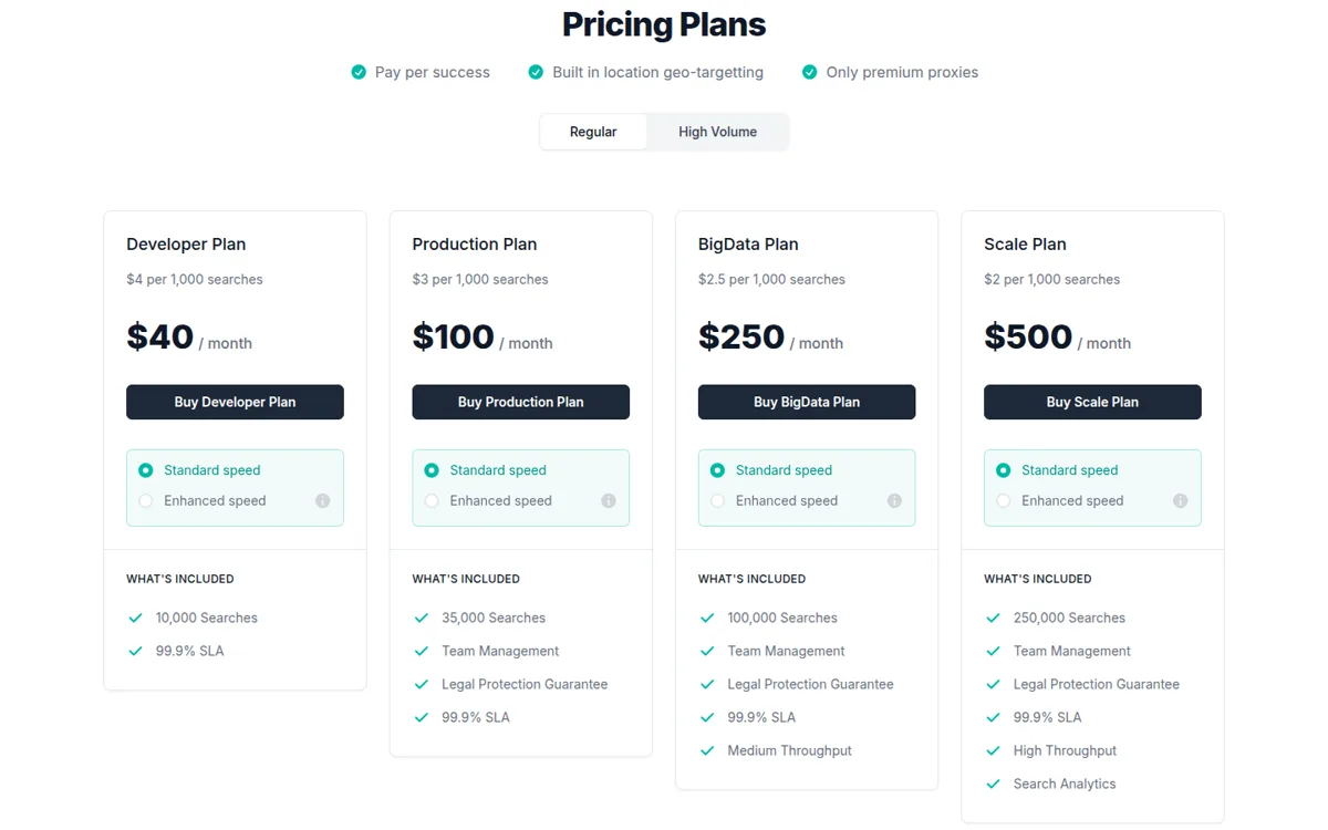 SearchApi pricing plans from Developer at $40 per month through Scale at $500 per month