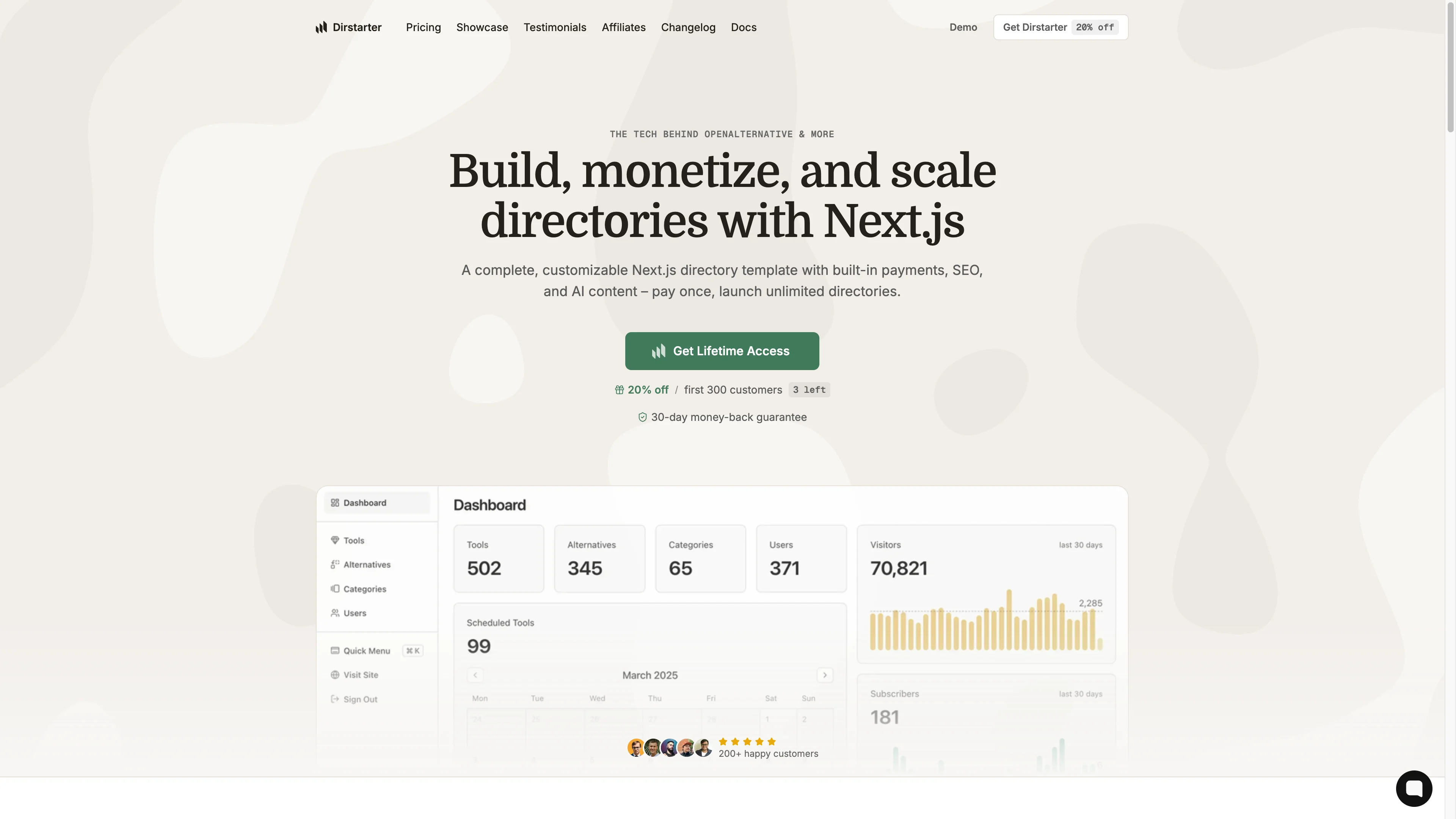 Dirstarter marketing site hero and admin dashboard overview