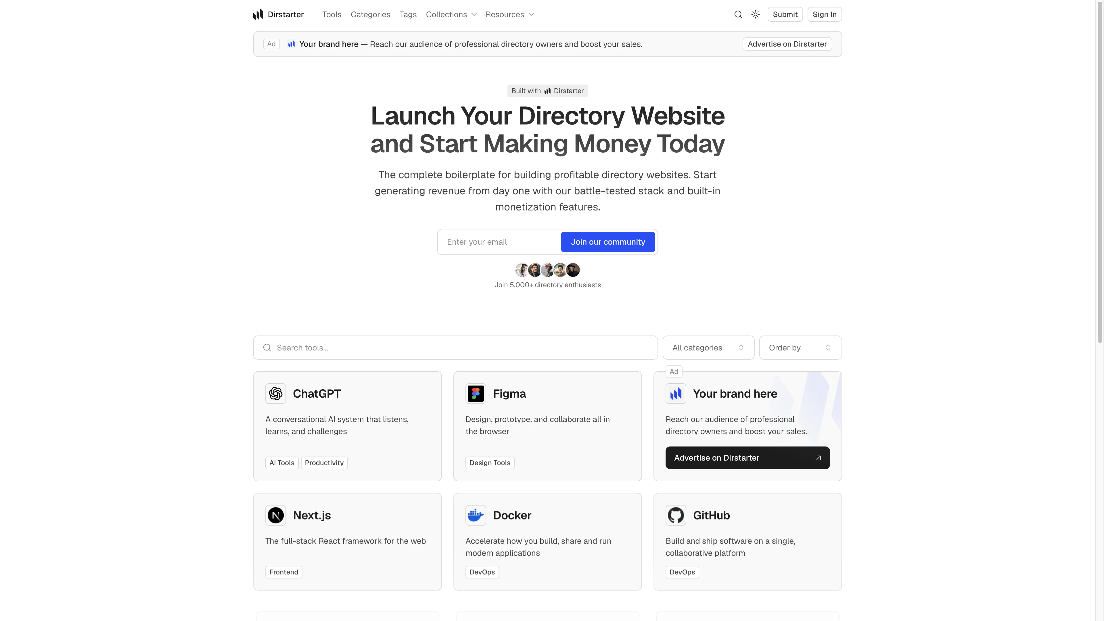 Dirstarter live directory demo with search, filters, and ad spots