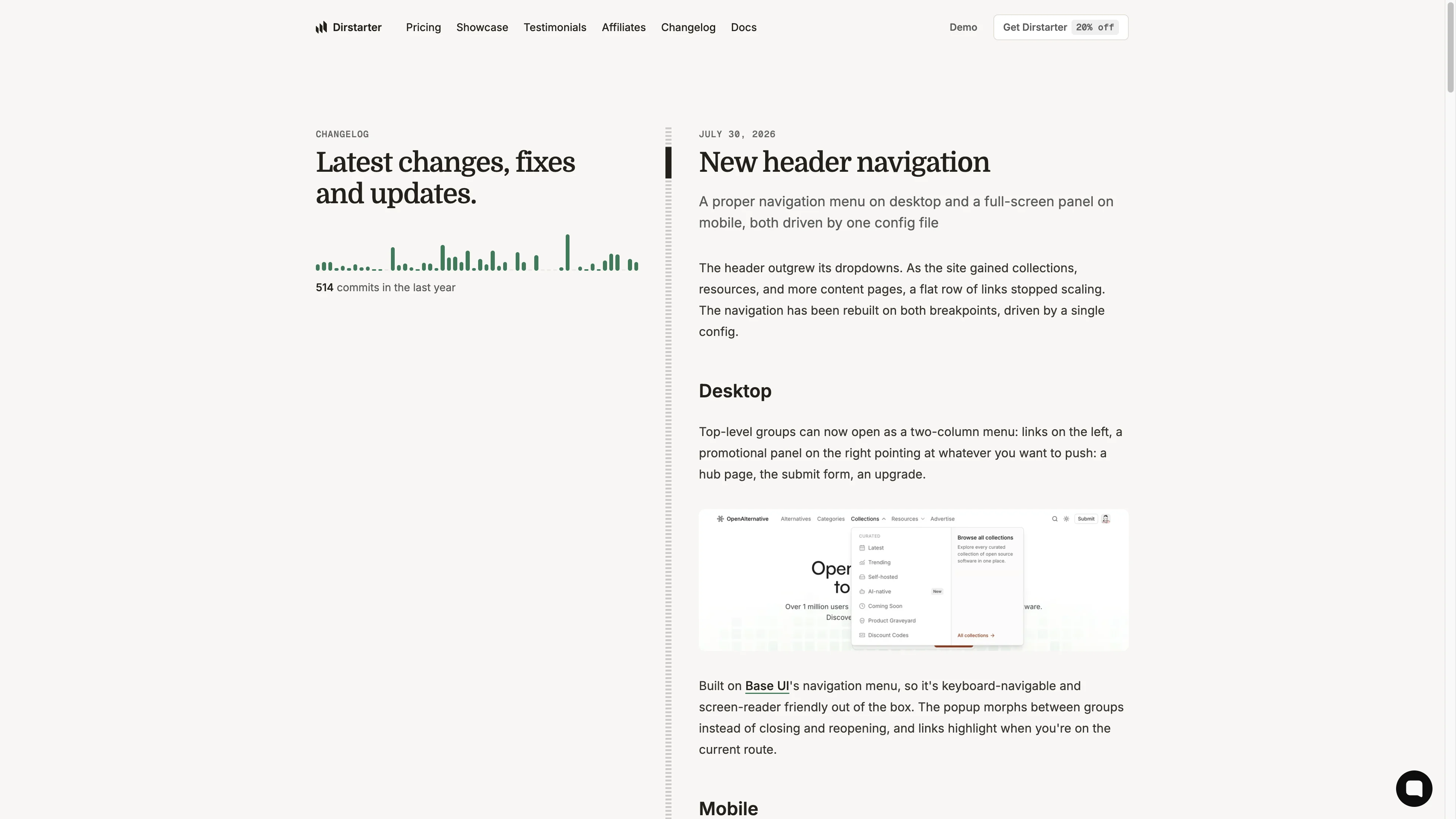 Dirstarter changelog showing regular updates and new navigation