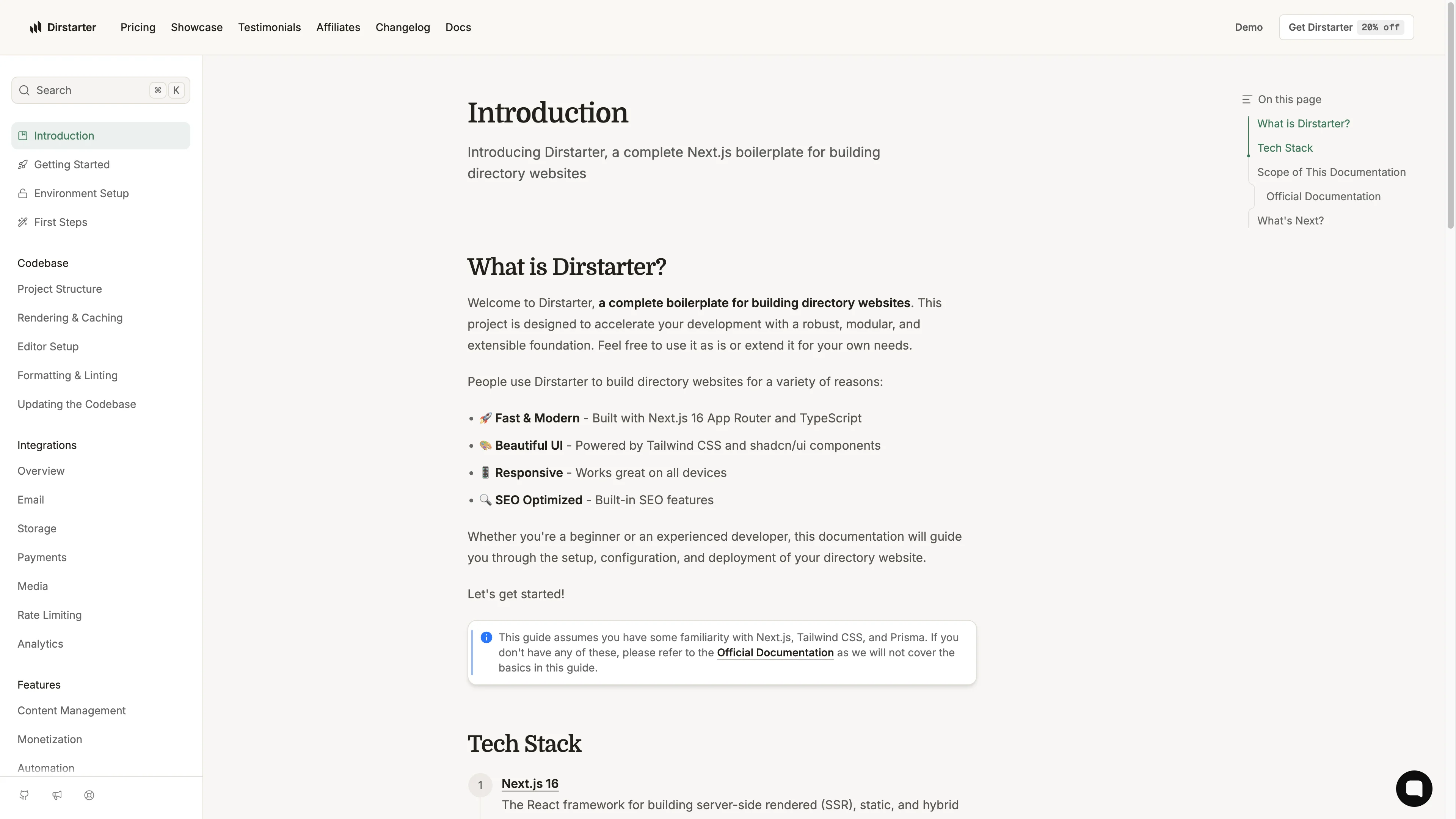 Dirstarter documentation overview and tech stack guide