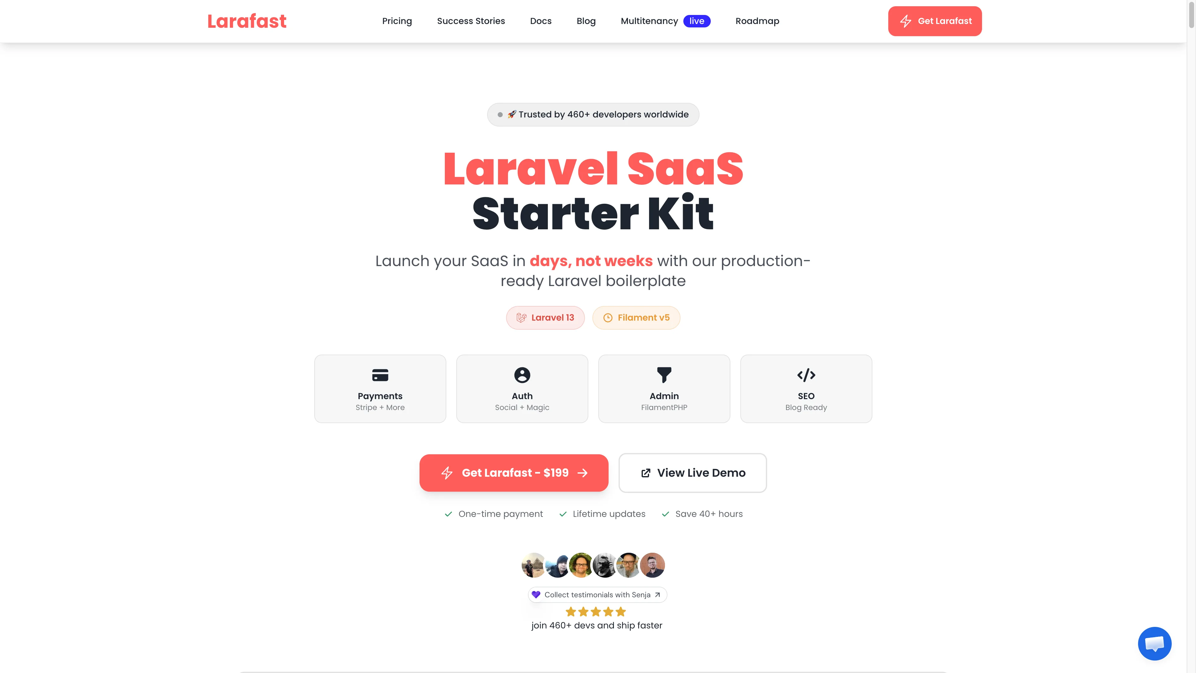 Larafast homepage showing Laravel and Filament starter kit features