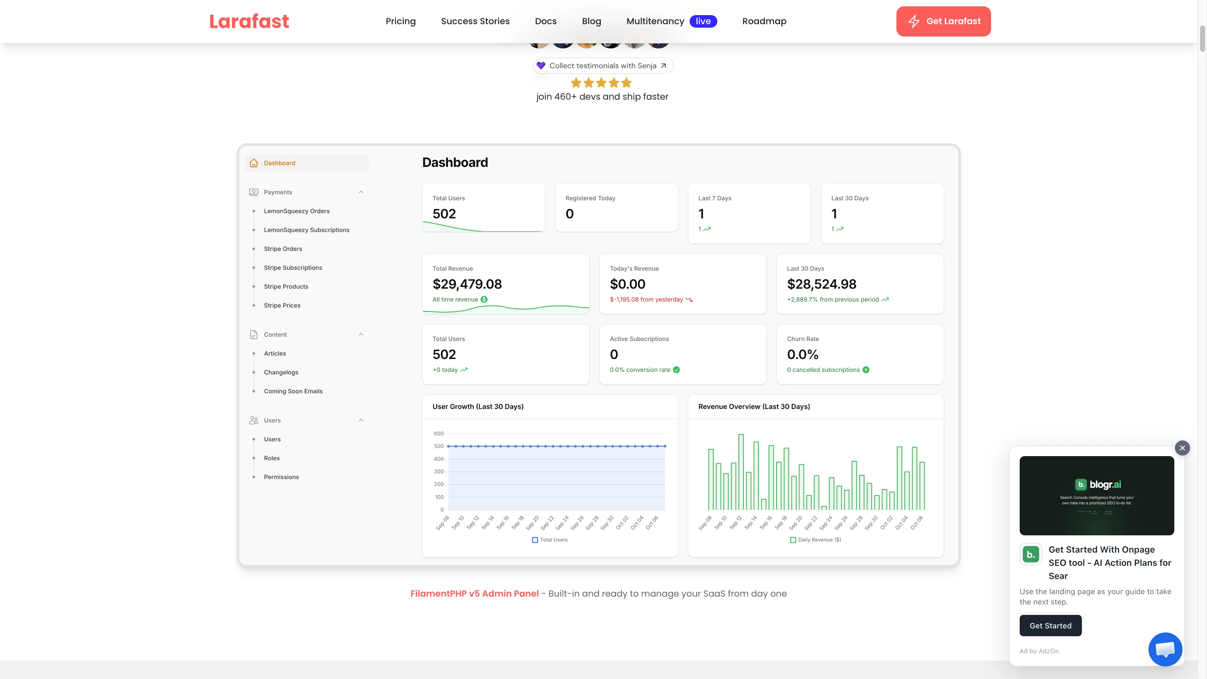 Larafast Filament admin dashboard preview