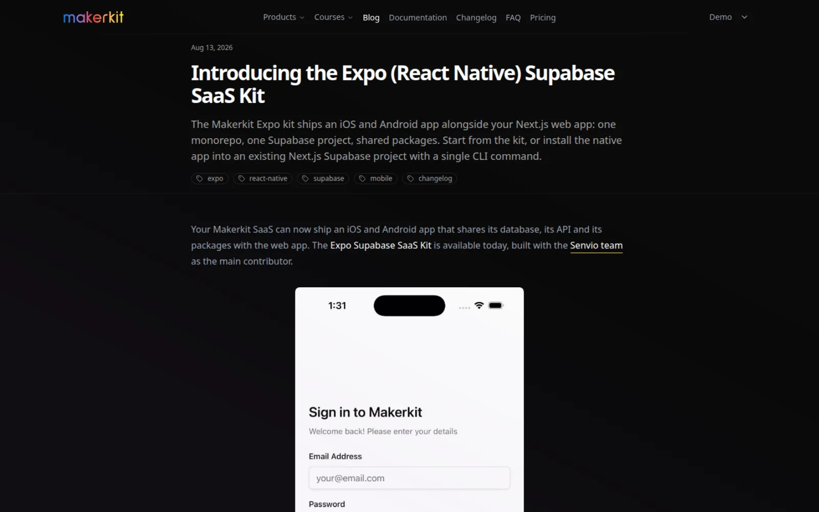 Makerkit changelog announcing the Expo React Native kit