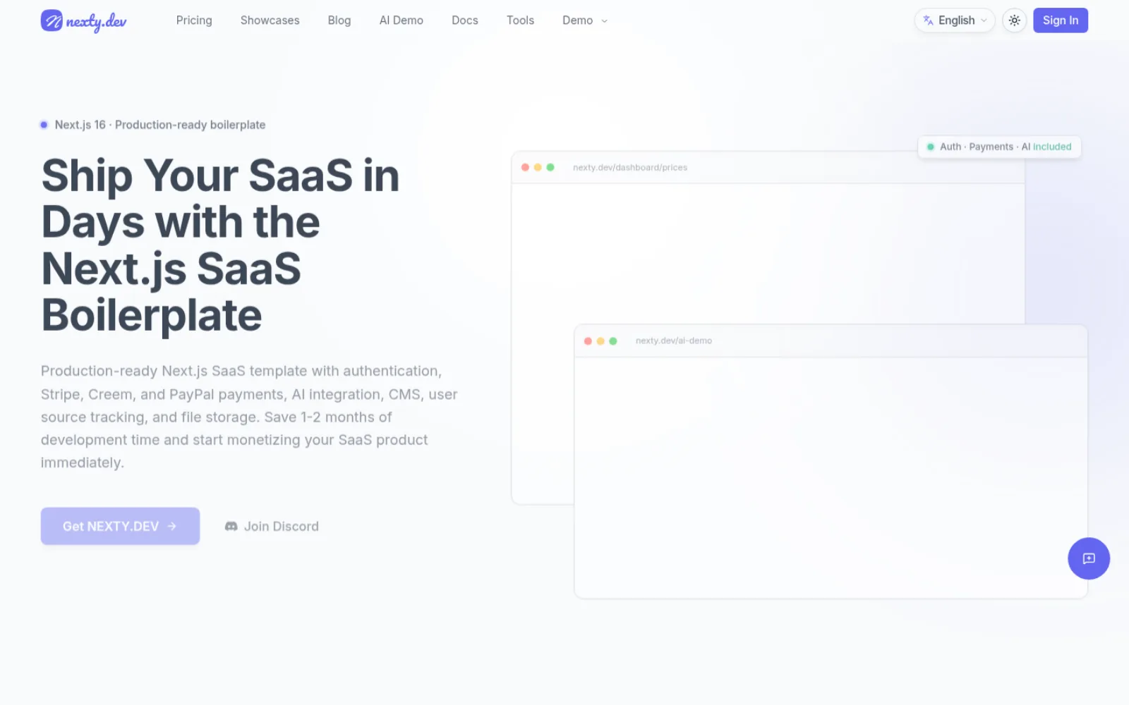 Nexty homepage for the Next.js SaaS boilerplate