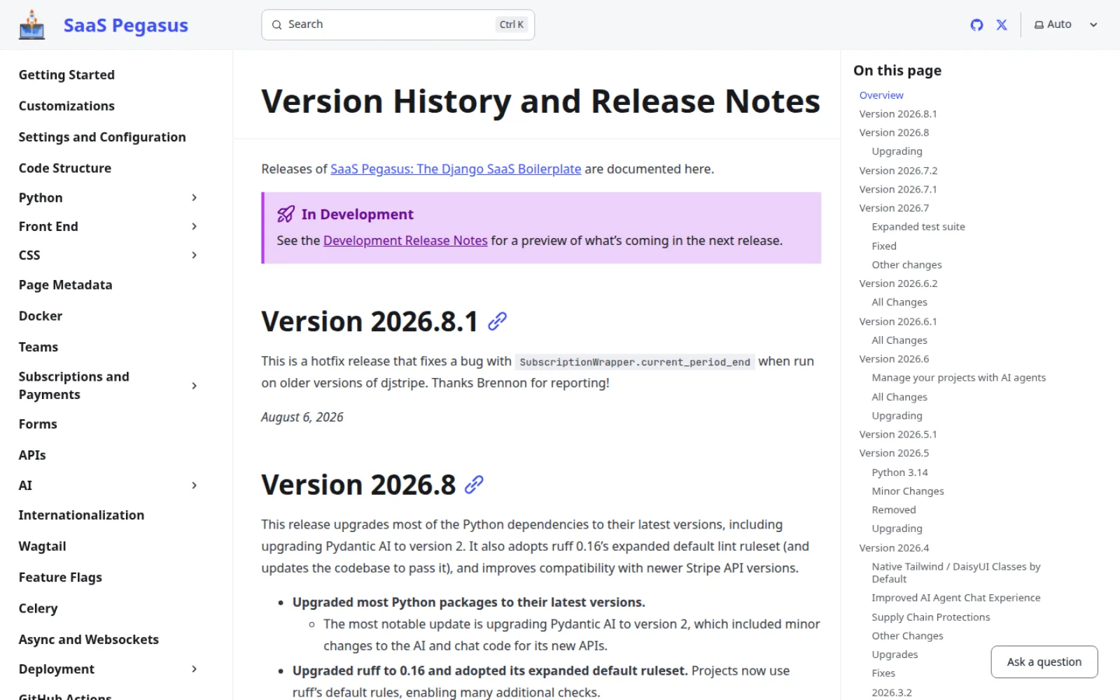 SaaS Pegasus release notes including version 2026.8.1