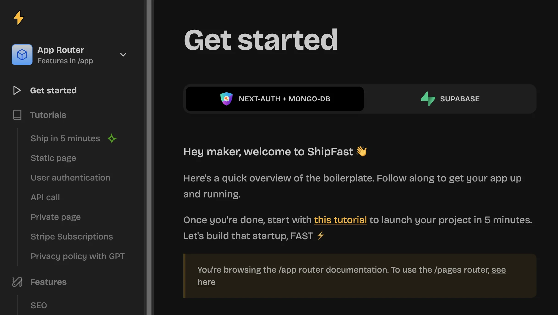 ShipFast documentation getting started guide