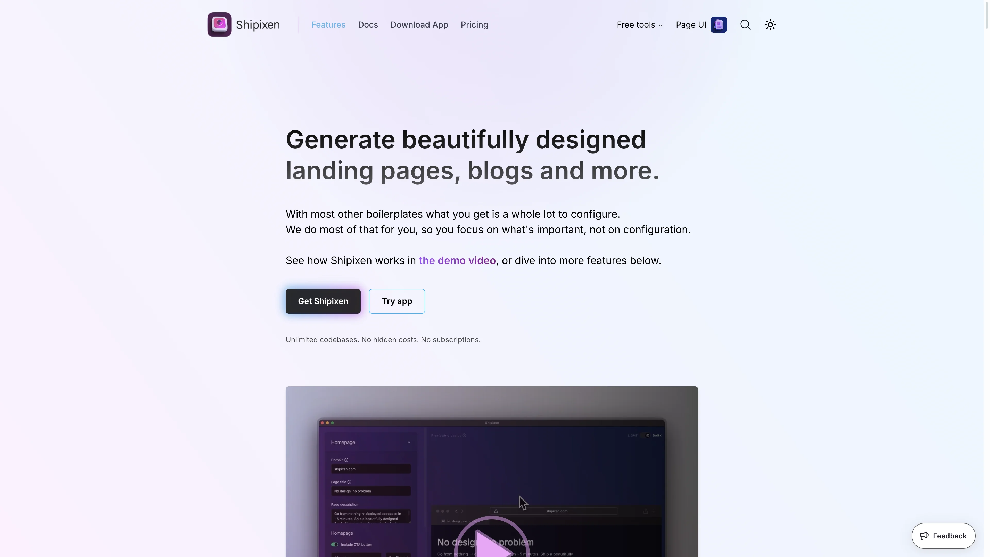 Shipixen feature overview including Page UI components and MDX blog