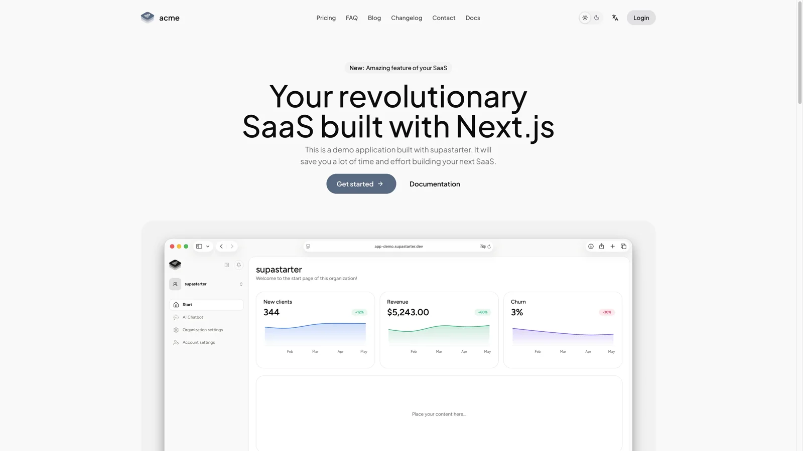 supastarter demo marketing site with app dashboard preview
