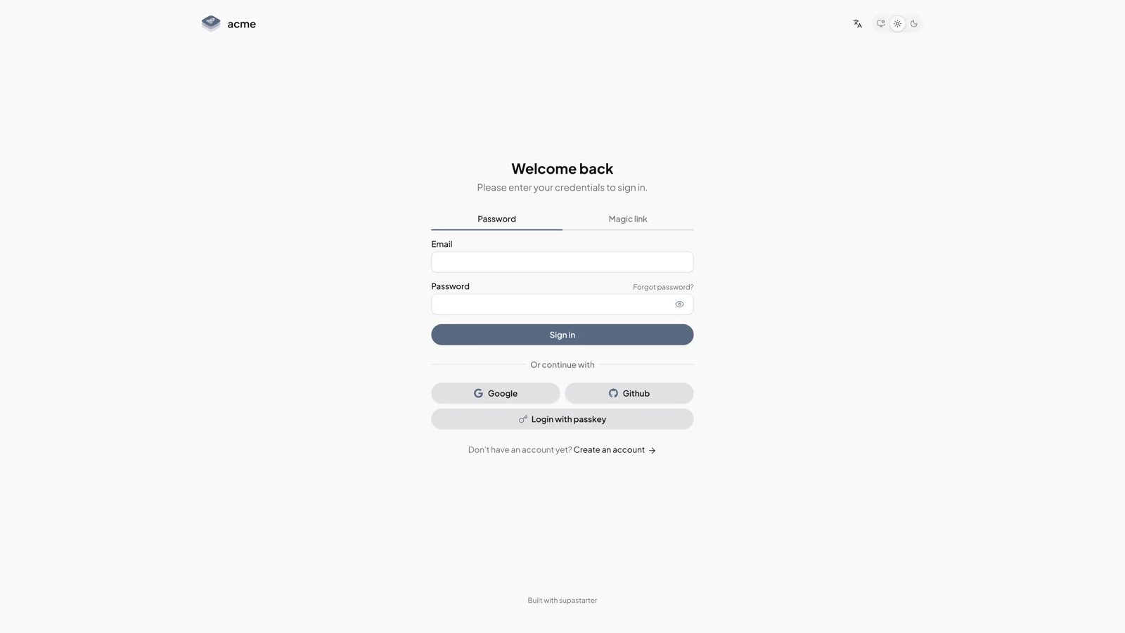 supastarter login with password, magic link, OAuth, and passkeys