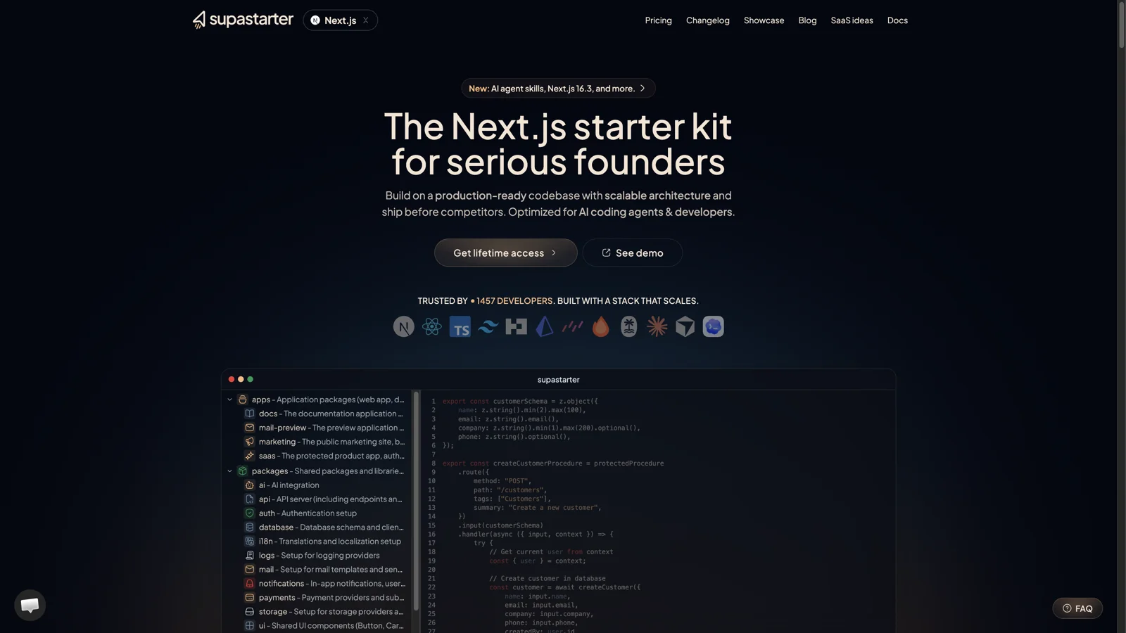 supastarter homepage showing monorepo architecture