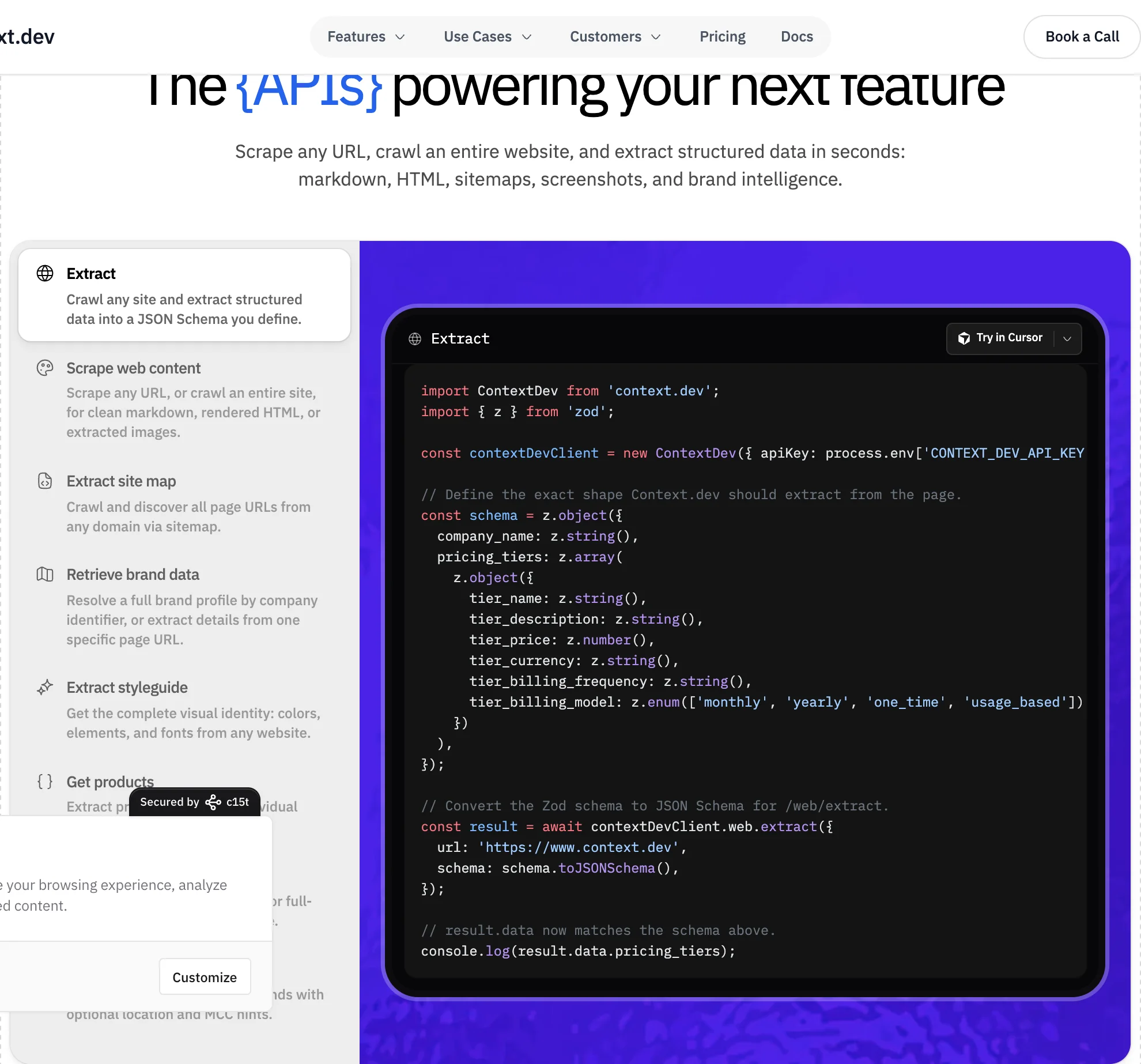 Context.dev API feature showcase with Extract, Scrape, Sitemap, and Brand endpoints