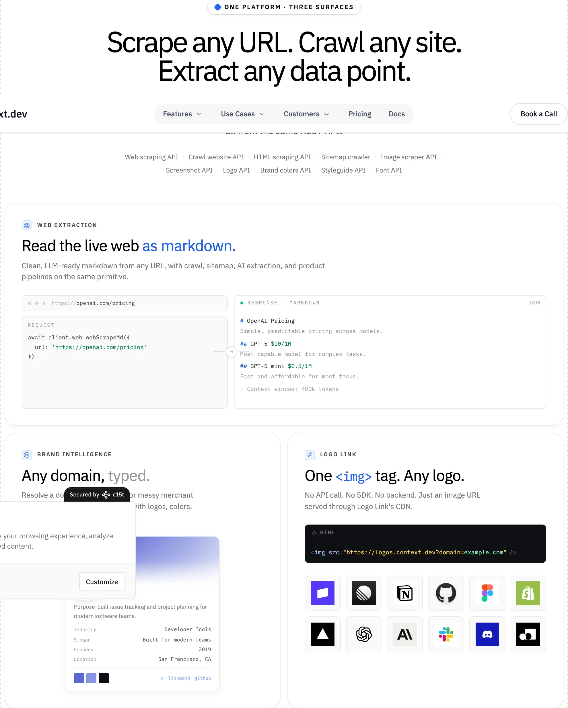 Context.dev homepage cards for web extraction, brand intelligence, and Logo Link CDN