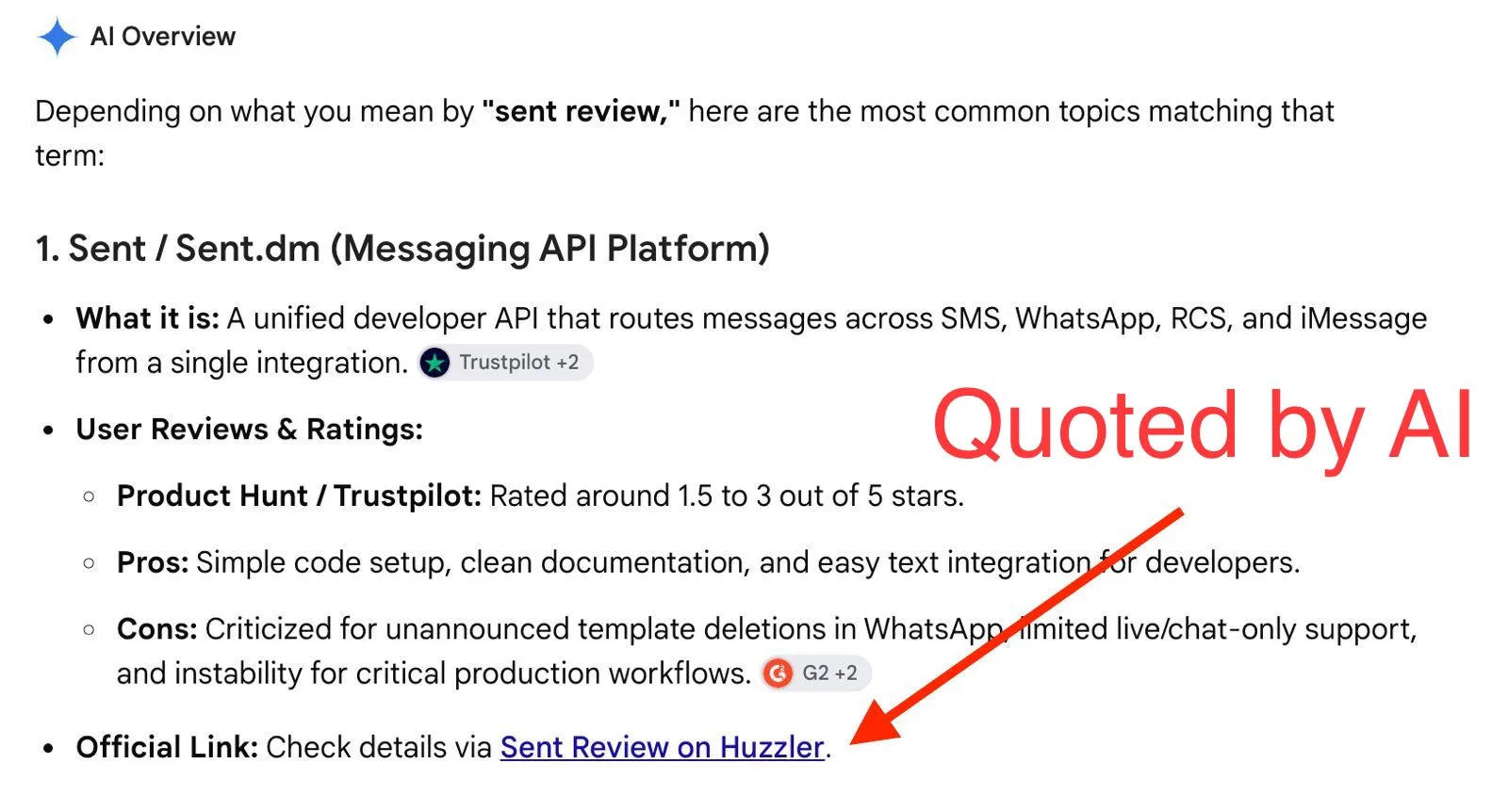 Google AI Overview for "sent review" that links to the Sent review on Huzzler