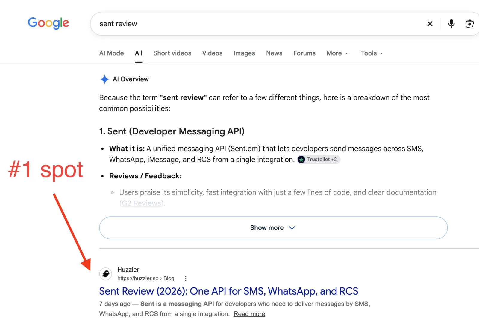 Google results for "sent review" with the Huzzler review as the first result