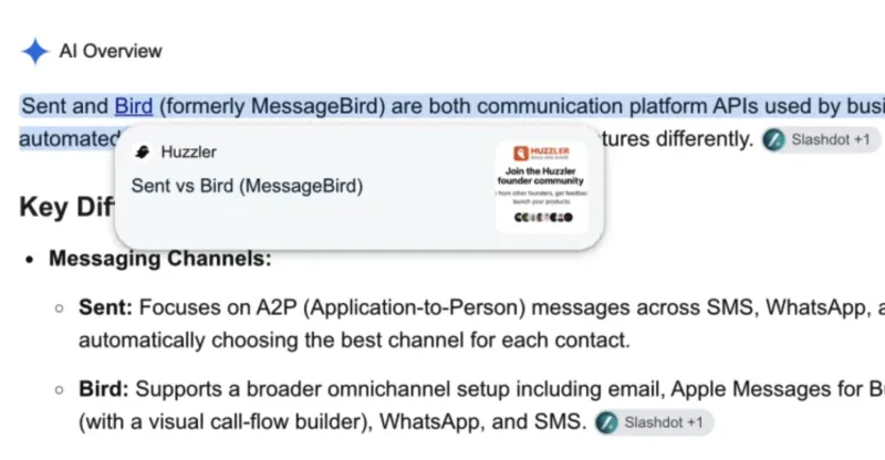 Google AI Overview for Sent vs Bird quoting the Huzzler comparison