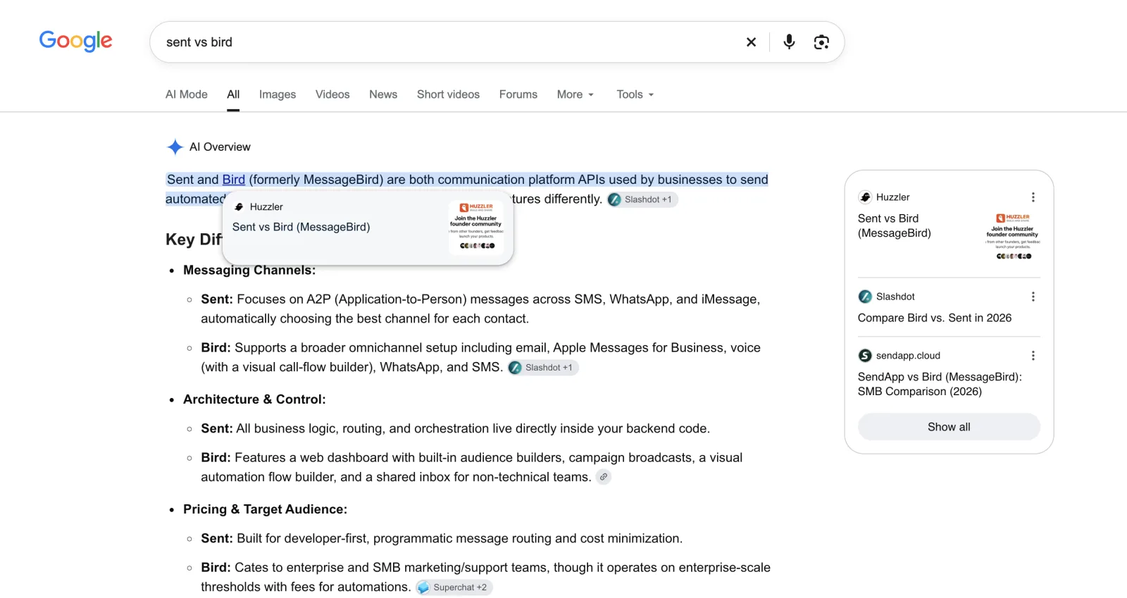 Google AI Overview for "sent vs bird" with its first sentence sourced from the Huzzler comparison