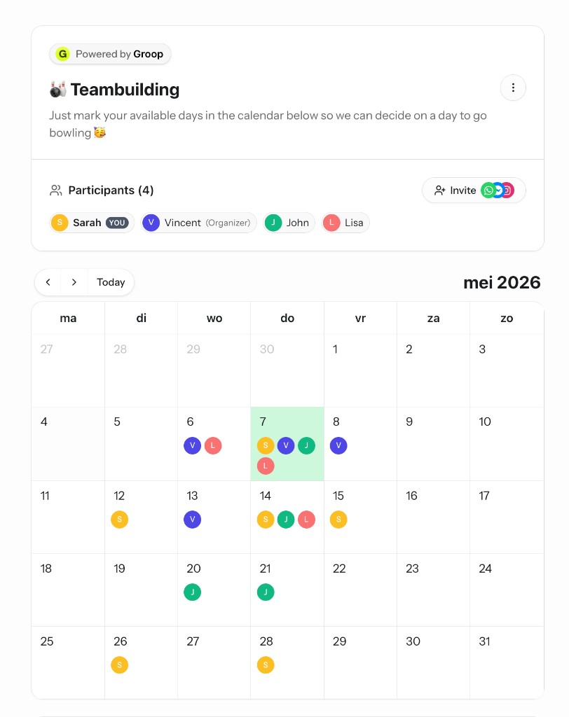 Groop calendar mode showing four participants marking available days on a shared monthly calendar with overlapping availability highlighted