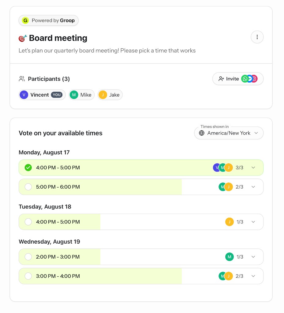 Groop date poll mode showing a board meeting vote with time slots, participant avatars, and availability counts per option
